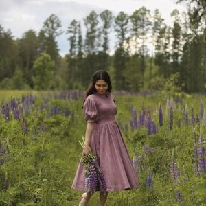 Linen Prairie Style Dress with Pearls